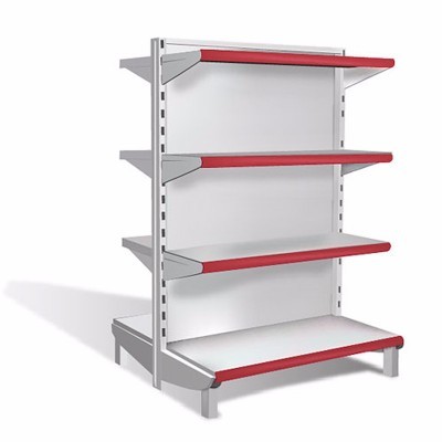 Estante comercial metálica com prateleiras brancas e detalhes vermelhos