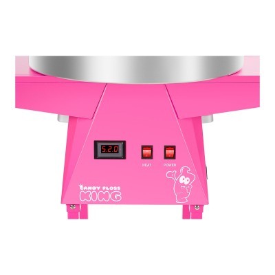 Máquina de algodão doce rosa com visor digital e botões na frente
