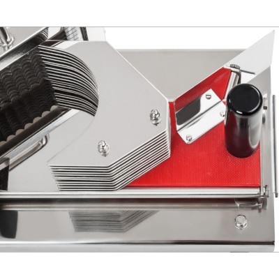 Fatiador de batatas inox com lâminas e base vermelha