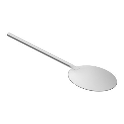 Espátula redonda de metal prateado com cabo comprido.