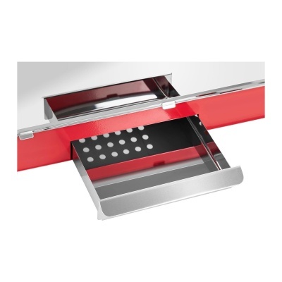 Grelhador interior em inox e vermelho com bandeja deslizante e placa perfurada
