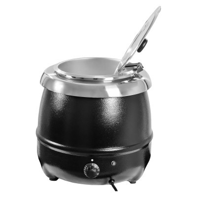 Panela de sopa elétrica redonda preta com tampa metálica e botão de controlo
