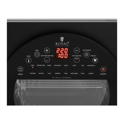 Painel de controlo do forno elétrico preto ROYAL COLLECTION com display digital e botões sensíveis ao toque