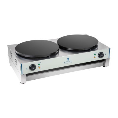 Placa dupla para crepes Royal em aço inox com superfícies pretas e controles frontais.