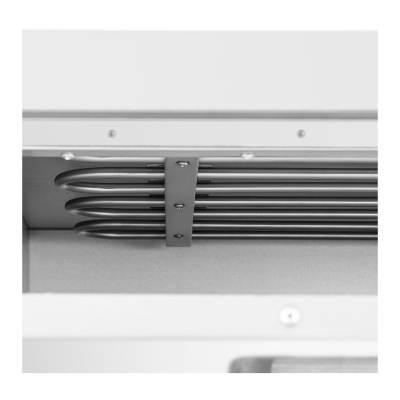 Resistência elétrica metálica cilíndrica com suporte em estrutura retangular.