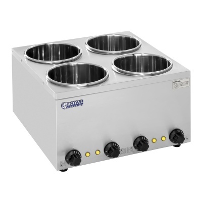 Aparelho de cozinha profissional com quatro recipientes redondos em aço inox