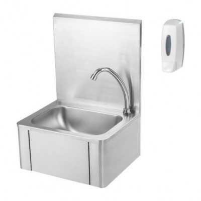 Lavatório em aço inoxidável com torneira e dispensador de sabão branco
