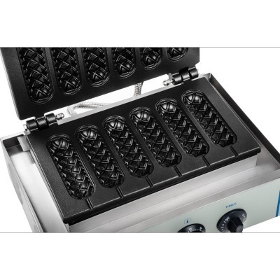 Máquina metálica para confeção de snacks com 6 moldes em forma de cesto preto