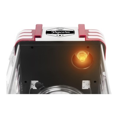 Máquina de pipocas vermelho e branco com luz e texto Popcorn