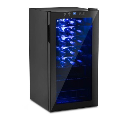Frigorífico para vinho preto com iluminação azul e garrafas no interior