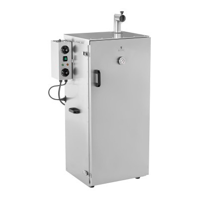 Máquina de fumo industrial metálica cinza claro com painel de controlo lateral