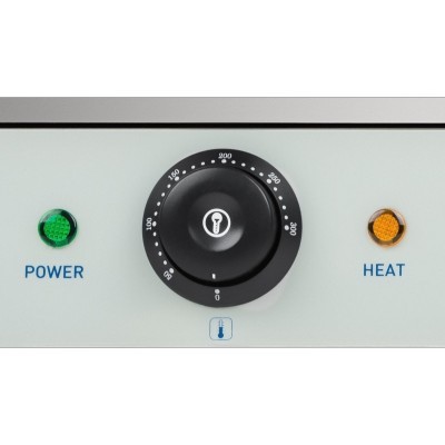 Painel de controlo com botão de temperatura e indicadores POWER e HEAT