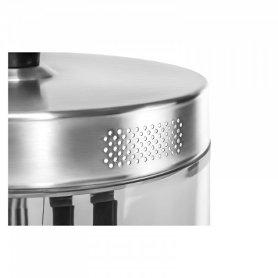 Recipiente metálico com tampa de aço e padrão de furos circulares