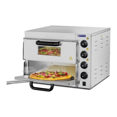 Forno profissional para pizzas de aço inoxidável com controlo por botões e pizza dentro