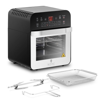 Forno elétrico preto e inox com acessórios metálicos à frente