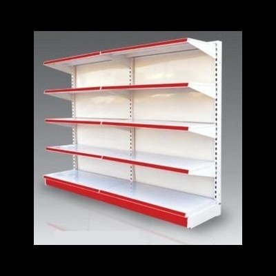 Prateleira metálica branca com bordas vermelhas e cinco níveis