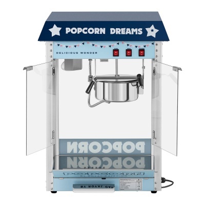 Máquina de fazer pipocas azul e branco com portas transparentes e texto POPCORN DREAMS