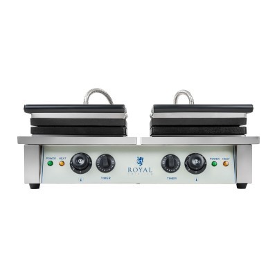 máquina para tostas dupla com placas de grill pretas e estrutura metálica prateada