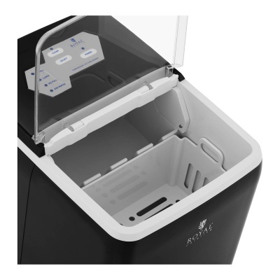 Máquina automática de fazer gelo Royal preta com tampa transparente aberta