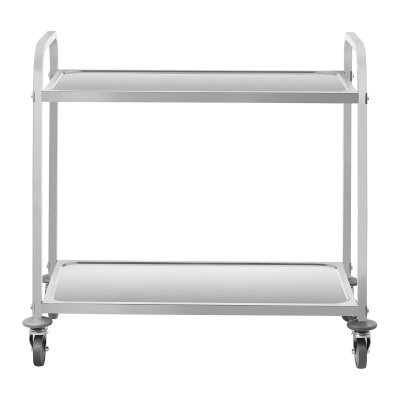 Carrinho de serviço de metal branco com duas prateleiras e rodas.