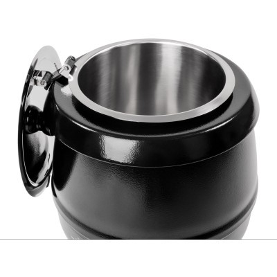 Recipiente preto redondo com tampa aberta e interior em aço inoxidável