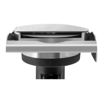 Dispositivo metálico e preto com cilindro e alça curva sobre fundo branco.