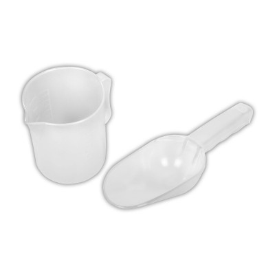 Copo medidor e colher de plástico branco translúcido