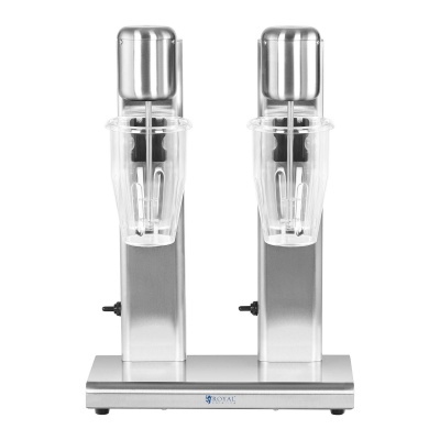 máquina de misturar dupla metálica com copos transparentes em fundo branco