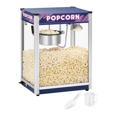 Máquina de fazer pipocas POPCORN azul e branca com colher e copo medidor brancos