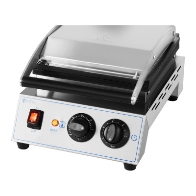 máquina de sanduíches inox e preto com botões e luzes indicadoras