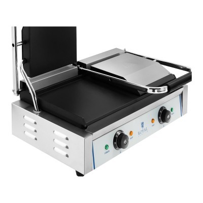 Sanduicheira dupla elétrica em aço inox com superfícies lisas e botões de temperatura