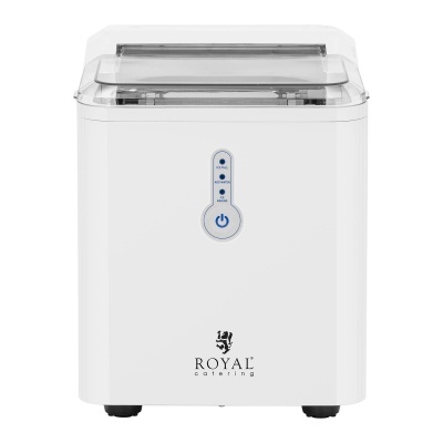 Máquina de fazer gelo branca com tampa transparente e painel frontal azul