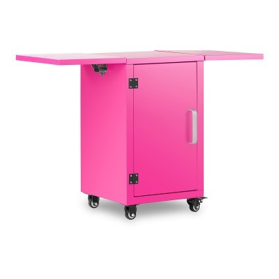 Móvel rosa com tampas laterais dobráveis, porta central e rodas