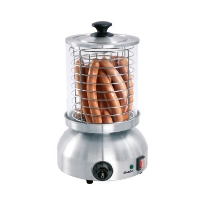 Máquina para aquecer salsichas prateada com cesto cilíndrico com salsichas dentro