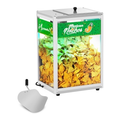 Máquina expositora com nachos mexicanos e pá metálica