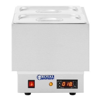 Aparelho de aquecimento de alimentos branco com display digital e duas tampas de inox