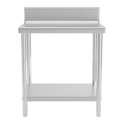 Mesa de trabalho em aço inoxidável com tampo e prateleira prateados