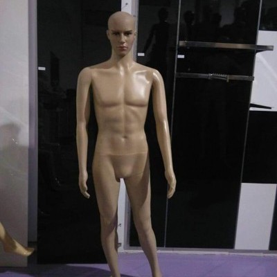 mannequim masculino plástico cor bege nu em fundo de paredes e portas de vidro