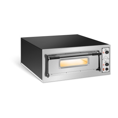 Forno elétrico preto e inox com porta de vidro e botões de controlo