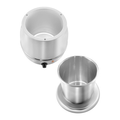 Aparelho elétrico branco com recipiente metálico prateado e botão de controlo preto.