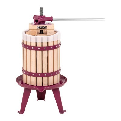 Espremedor de frutas manual em madeira clara com armação vermelha e manivela