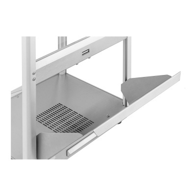 Prateleira metálica cinza com suporte triangular, parte de móvel modular