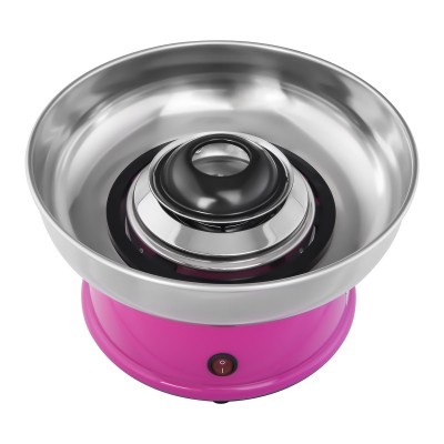 Máquina de algodão doce com base rosa e tigela de aço inox.