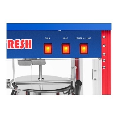 Painel frontal azul e vermelho com três botões iluminados e superfície metálica