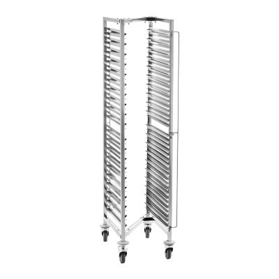 Carrinho de transporte para bandejas em metal cromado com múltiplos níveis e rodas