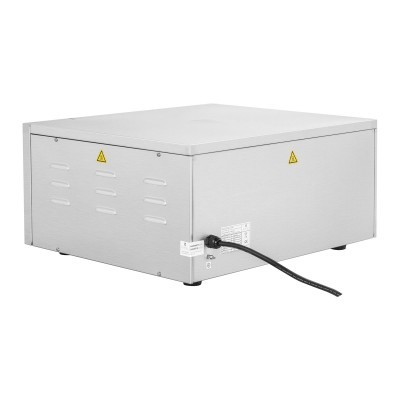 Unidade eletrónica metálica cinza com cabo preto e sinais de aviso amarelos