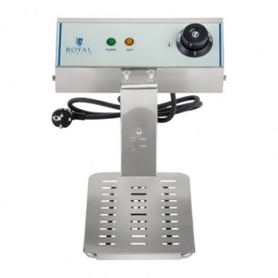 Máquina metálica prateada com painel branco, botões coloridos e cabo elétrico preto