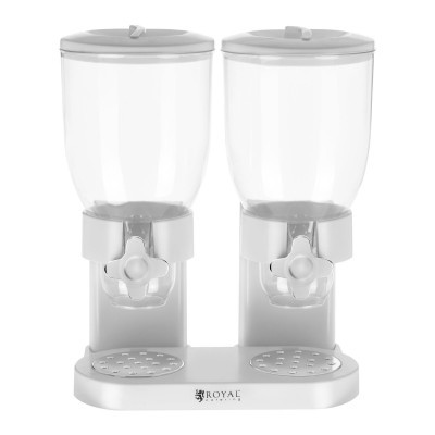Dispenser duplo branco com reservatórios transparentes para cereais ou líquidos