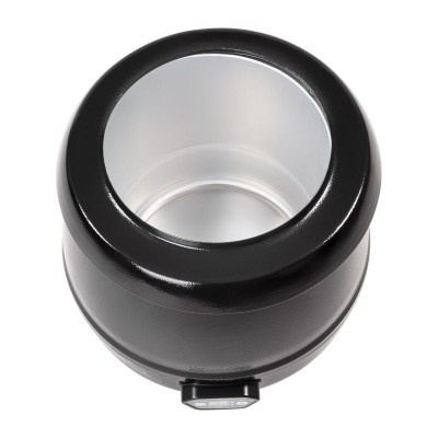 Suporte redondo metálico preto com interior branco e mostrador digital