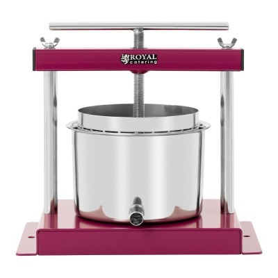 Prensa vermelha com cuba de inox e torneira, texto ROYAL catering